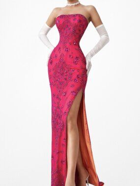 Vintage Pink Strapless Beaded Silk Double Side Slit Formal Prom Maxi Dress S